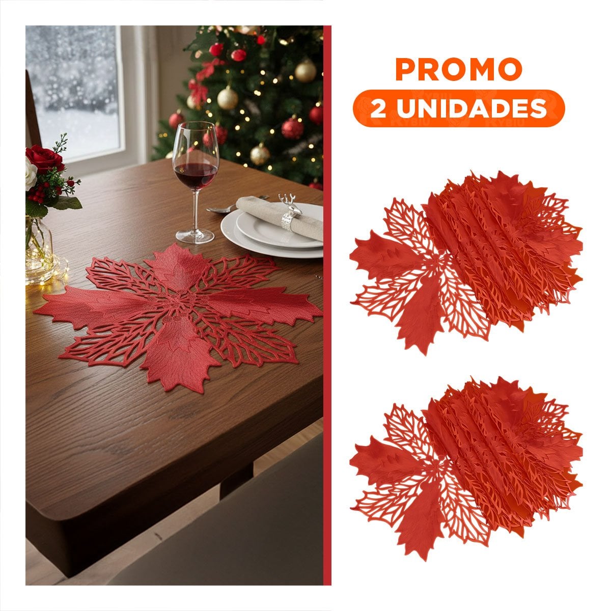 PACK2 JUEGO TEXTIL 6 INDIVIDUALES FLOR DE PINA ROJO 42X42 CM ESTILO FESTIVO Y+REGALO STICKER - 1