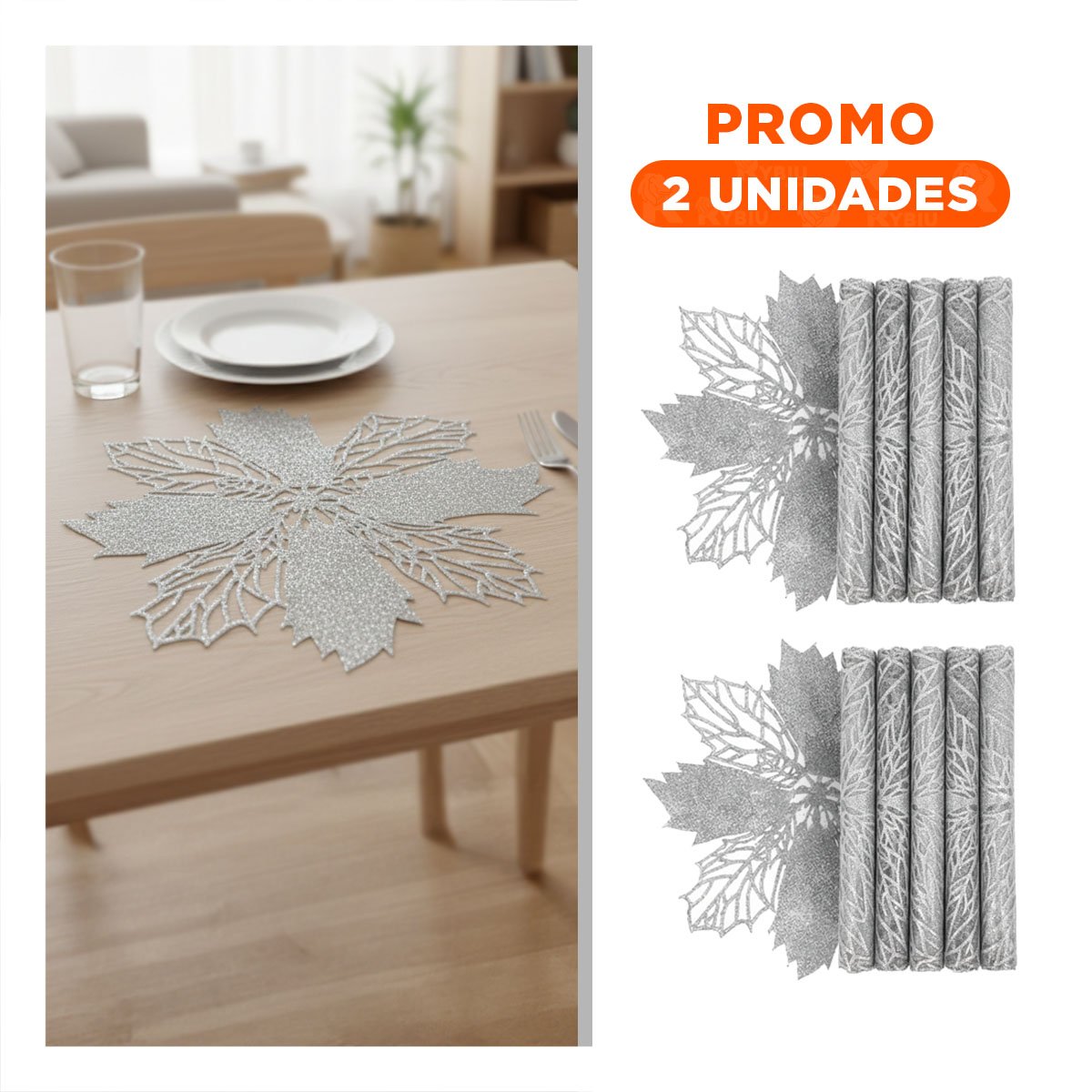 PACK2 JUEGO TEXTIL 6 INDIVIDUALES FLOR DE PINA PLATEADO 42X42 CM ESTILO Y+REGALO STICKER - 1