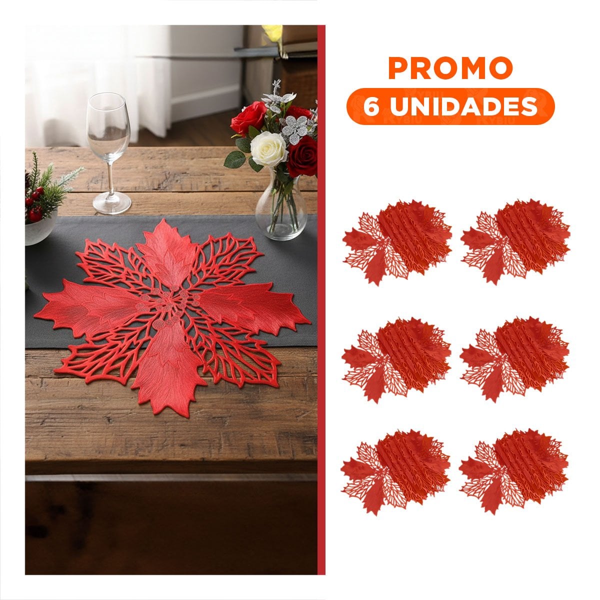 PACK6 CONJUNTO HOGAR 6 INDIVIDUALES FLOR DE PINA ROJO 42X42 CM DECORACION Y+REGALO STICKER - 1