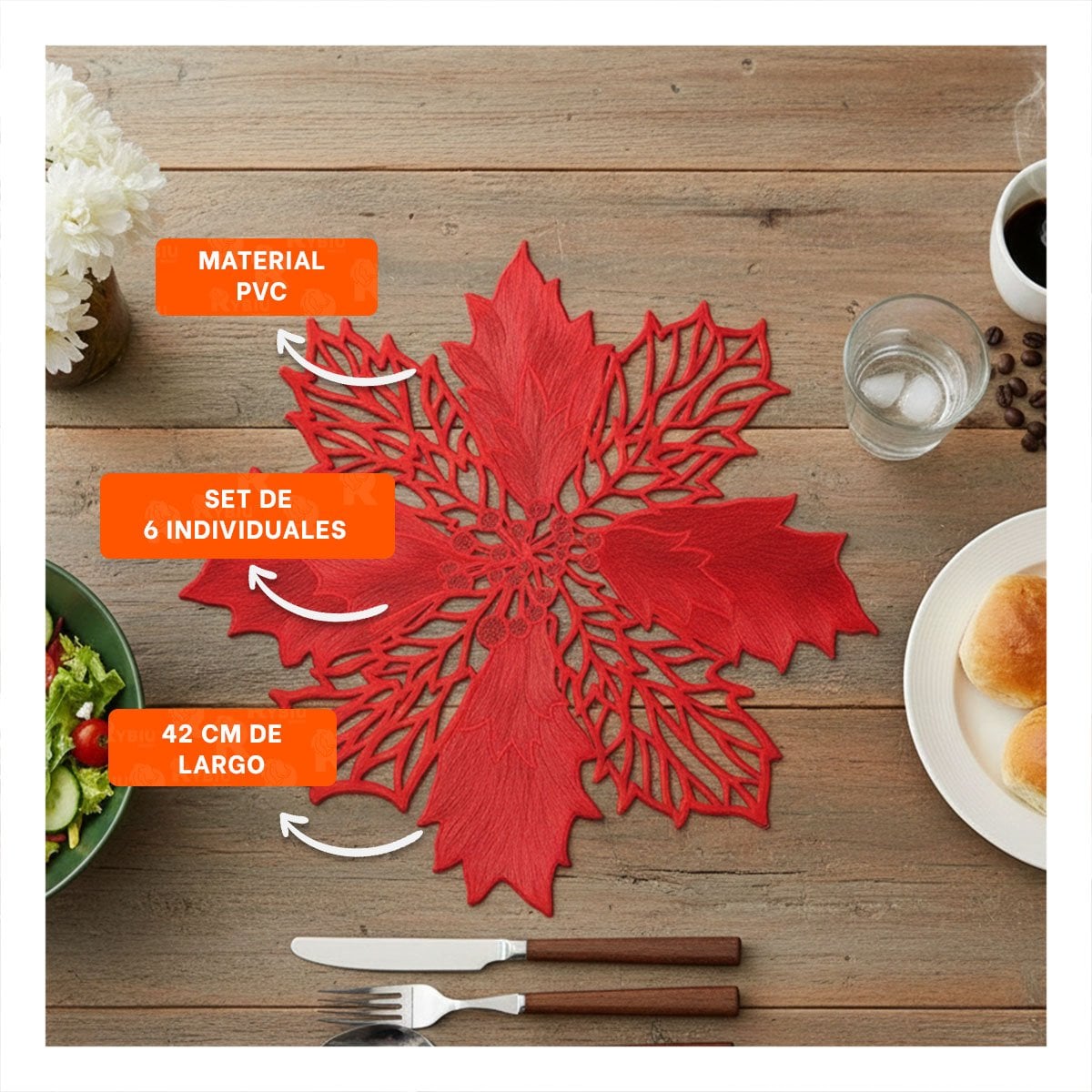 PACK6 CONJUNTO HOGAR 6 INDIVIDUALES FLOR DE PINA ROJO 42X42 CM DECORACION Y+REGALO STICKER - 5