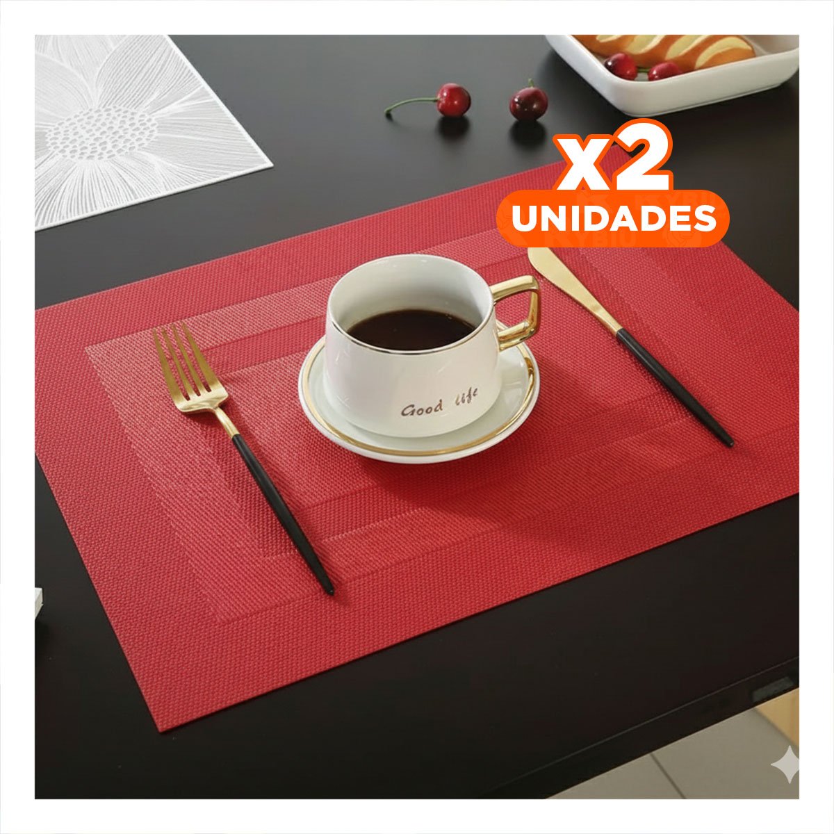 PACK2 JUEGO INDIVIDUAL RECTANGULAR 6 PIEZAS CON BORDE RAYAS GUINDA PARA COMEDOR Y+PAPEL REGALO - 1