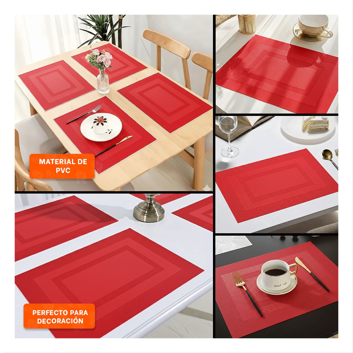 PACK2 JUEGO INDIVIDUAL RECTANGULAR 6 PIEZAS CON BORDE RAYAS GUINDA PARA COMEDOR Y+PAPEL REGALO - 3