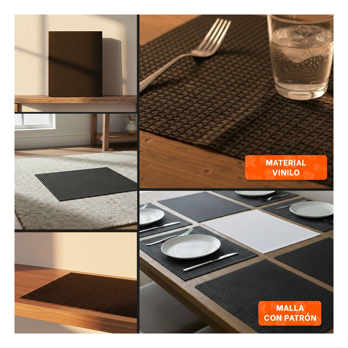 PACK4 SET 6 INDIVIDUAL PATRON MALLA GRANDE 30X45CM NEGRO Y BLANCO PARA MESA Y+REGALO STICKER - 2