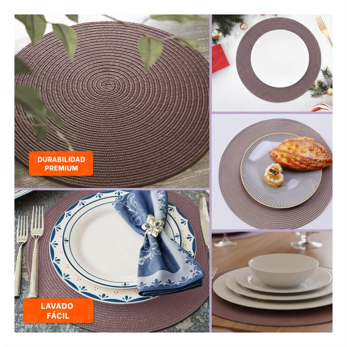 PACK2 INDIVIDUAL DE MESA CIRCULAR BOHO MORADO ESTILO NATURAL Y+PAPEL REGALO - 3