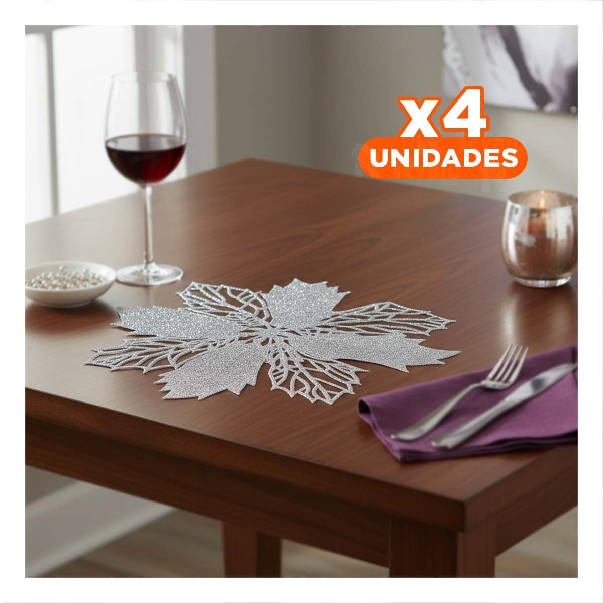 PACK4 JUEGO DE MESA 6 INDIVIDUALES FLOR DE PINA PLATEADO 42X42 CM NAVIDAD Y+PAPEL REGALO - 1