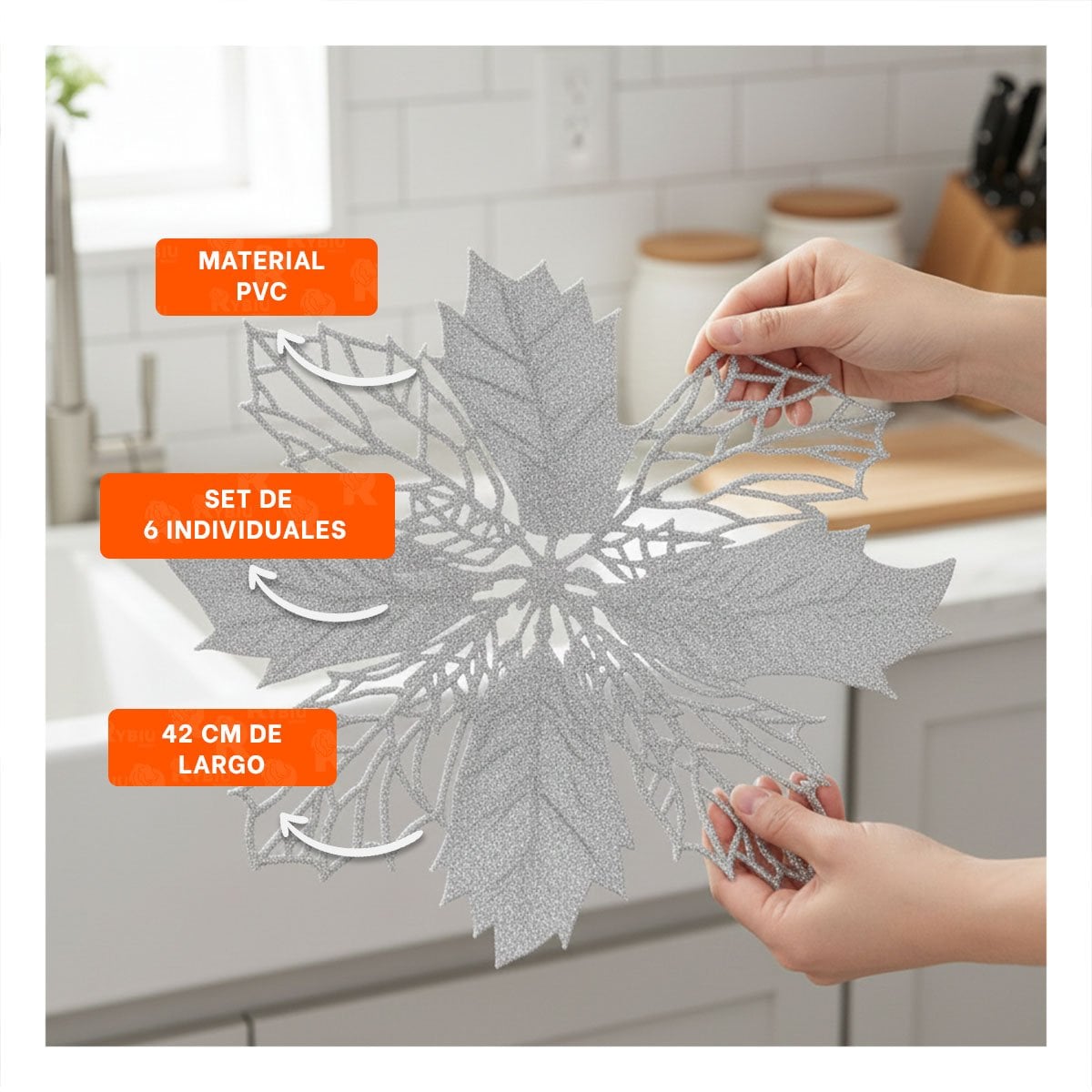 PACK4 JUEGO DE MESA 6 INDIVIDUALES FLOR DE PINA PLATEADO 42X42 CM NAVIDAD Y+PAPEL REGALO - 2