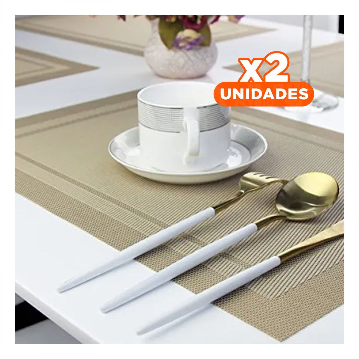 PACK2 JUEGO INDIVIDUAL RECTANGULAR 6 PIEZAS CON BORDE RAYAS DORADO PARA COMEDOR Y+PAPEL REGALO - 1