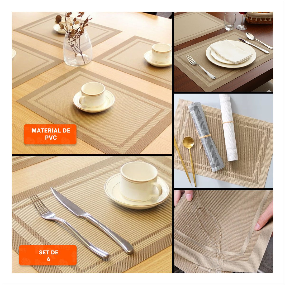 PACK2 JUEGO INDIVIDUAL RECTANGULAR 6 PIEZAS CON BORDE RAYAS DORADO PARA COMEDOR Y+PAPEL REGALO - 3