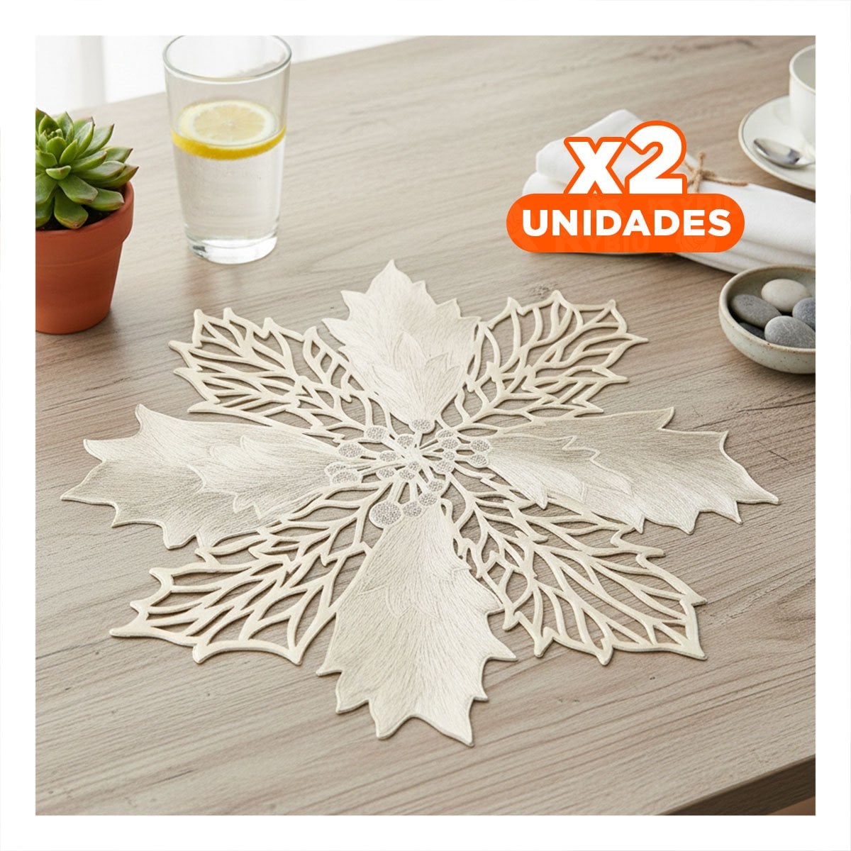 PACK2 JUEGO PARA MESA DE 6 INDIVIDUALES FLOR DE PINA DORADO 42X42 CM HOGAR Y+PAPEL REGALO - 1