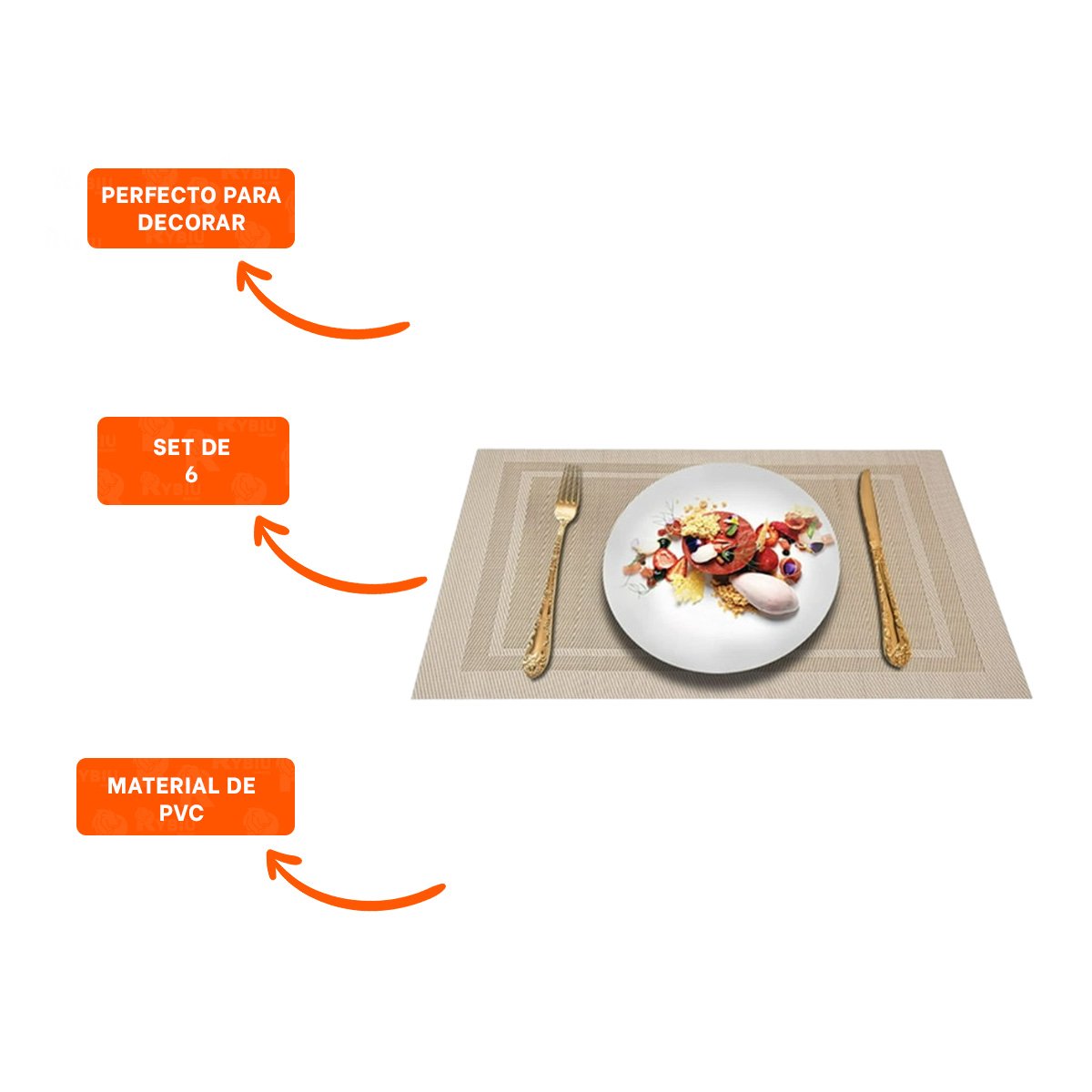 SET PARA MESA 6 INDIVIDUAL RECTANGULAR CON BORDE RAYAS DORADO ESTILO ELEGANTE Y+POST IT - 5