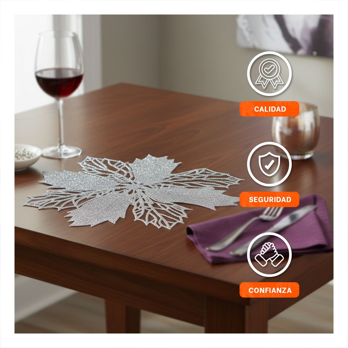 SET DECORATIVO 6 INDIVIDUALES FLOR DE PINA PLATEADO 42X42 CM ESTILO FESTIVO Y+REGALO STICKER - 5