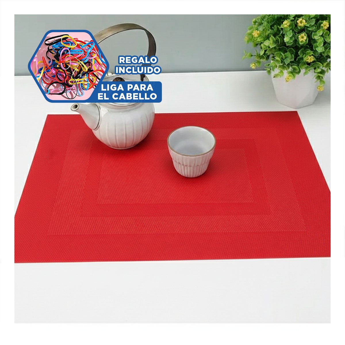 SET DECORATIVO 6 INDIVIDUAL RECTANGULAR CON BORDE RAYAS GUINDA PARA MESA HOGAR Y+LIGAS REGALO - 2