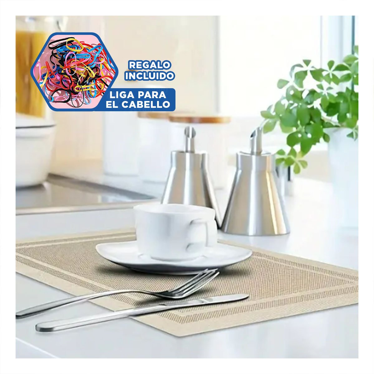 SET DECORATIVO 6 INDIVIDUAL RECTANGULAR CON BORDE RAYAS DORADO PARA MESA HOGAR Y+LIGAS REGALO - 2