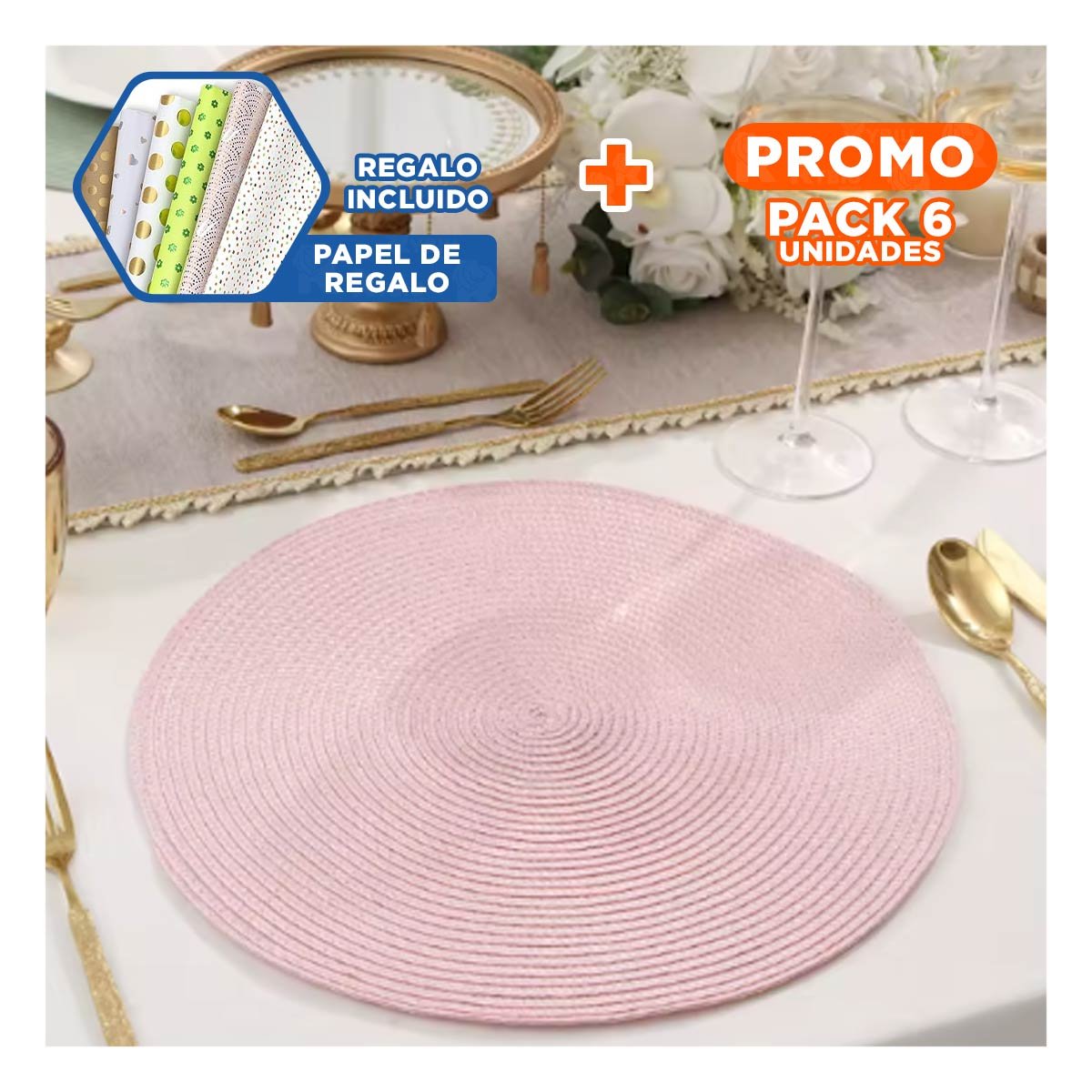 PACK6 MANTEL DECORATIVO CIRCULAR BOHO ROSADO PARA HOGAR Y CASA Y+PAPEL REGALO - 1