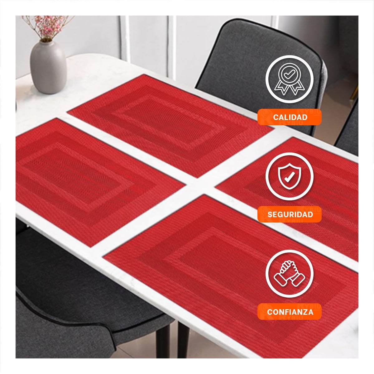 SET 6 INDIVIDUAL RECTANGULAR CON BORDE RAYAS GUINDA PARA MESA DE COMEDOR HOGAR - 1