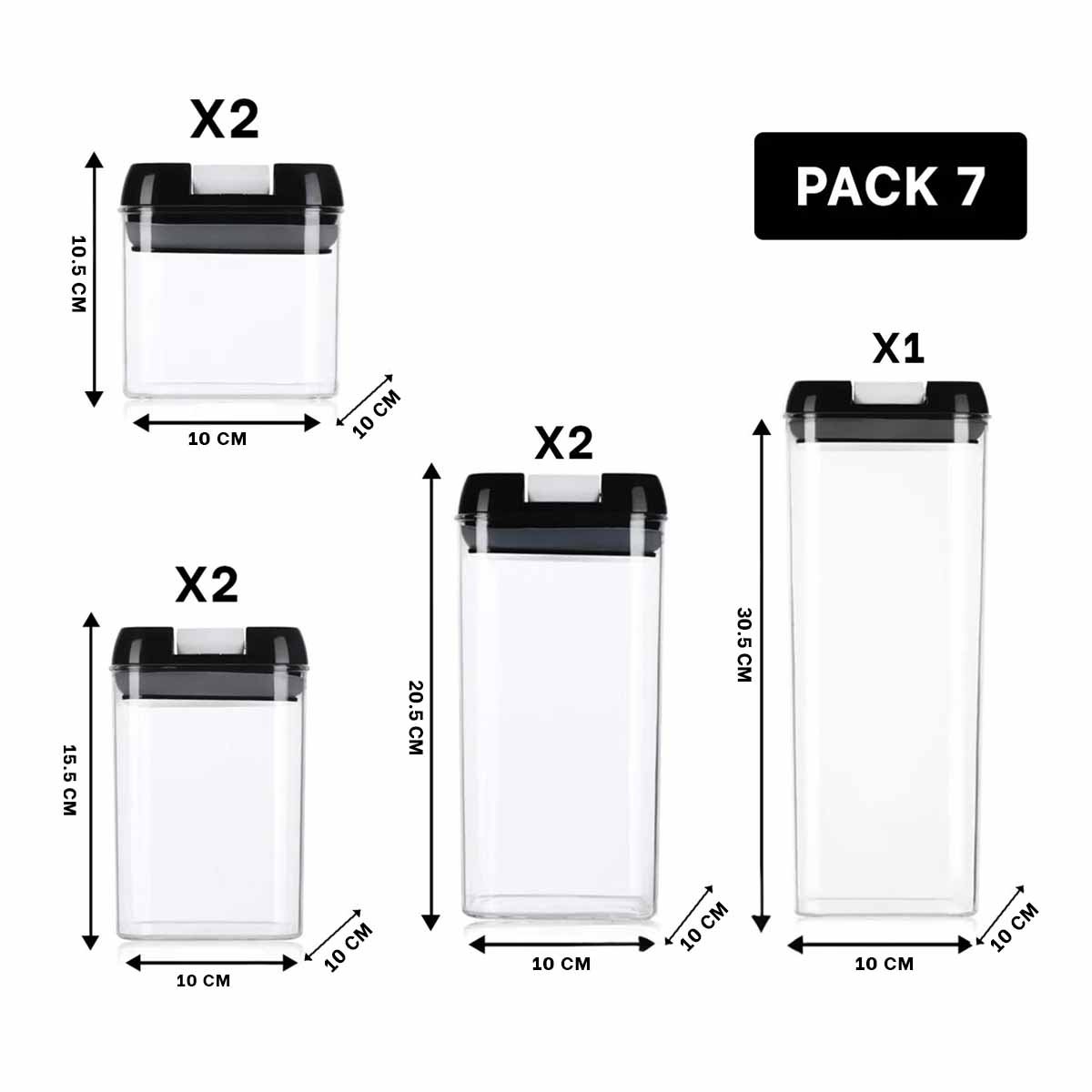 PACK6 KIT DE RECIPIENTES ACRILICOS TRANSPARENTES CON TAPA PALANCA NEGRA SET 7 Y+PAPEL REGALO - 4