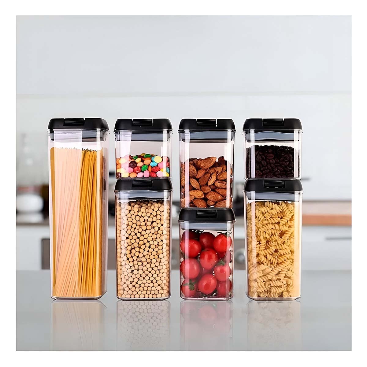 DEPOSITOS DE ALIMENTOS ACRILICOS CON TAPA PALANCA NEGRA SET 7 TRANSPARENTE Y+POST IT - 1