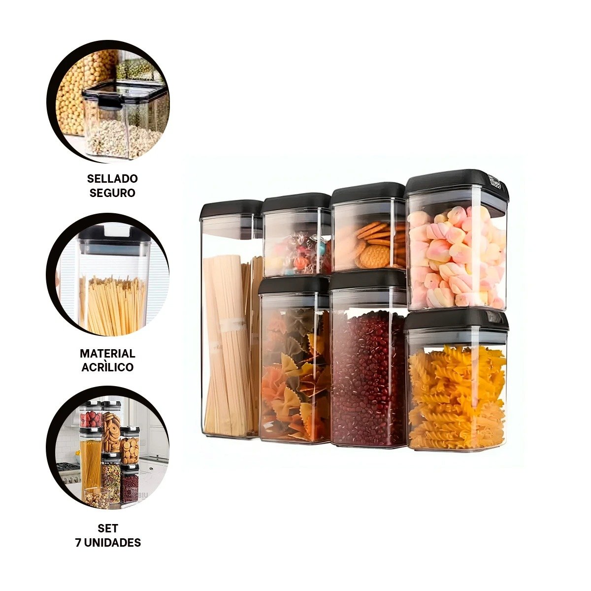 DEPOSITOS DE ALIMENTOS ACRILICOS CON TAPA PALANCA NEGRA SET 7 TRANSPARENTE Y+POST IT - 5
