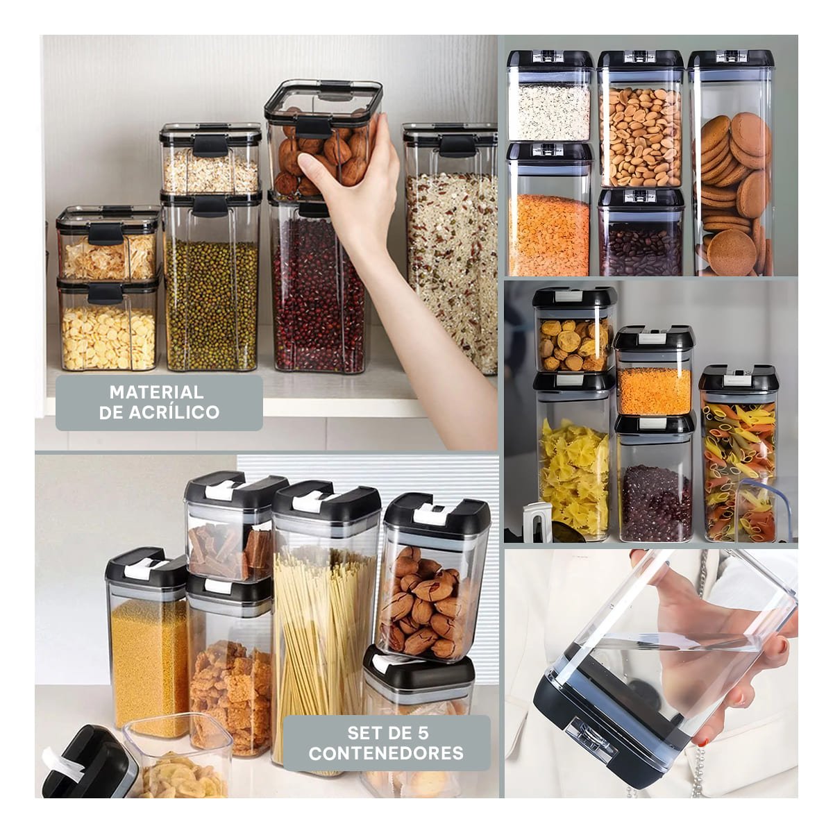 DEPOSITOS DE ALIMENTOS ACRILICOS CON TAPA PALANCA NEGRA TRANSPARENTE SET 5 Y+LIGAS REGALO - 1