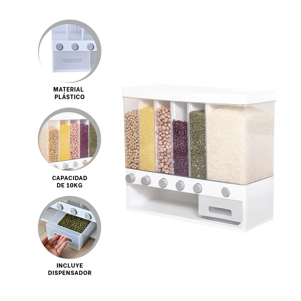 DISPENSADOR DE MENESTRA BLANCO 10KG PARA LA GESTION EN FAMILIA REAL Y+PAPEL REGALO - 5