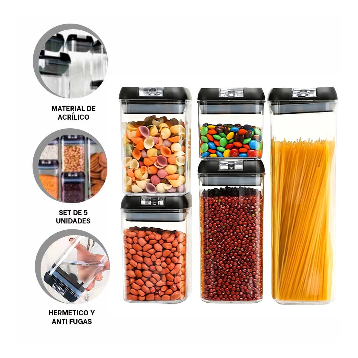 ENVASES DE ALIMENTOS ACRILICOS CON TAPA PALANCA NEGRA TRANSPARENTE SET 5 Y+PAPEL REGALO - 5