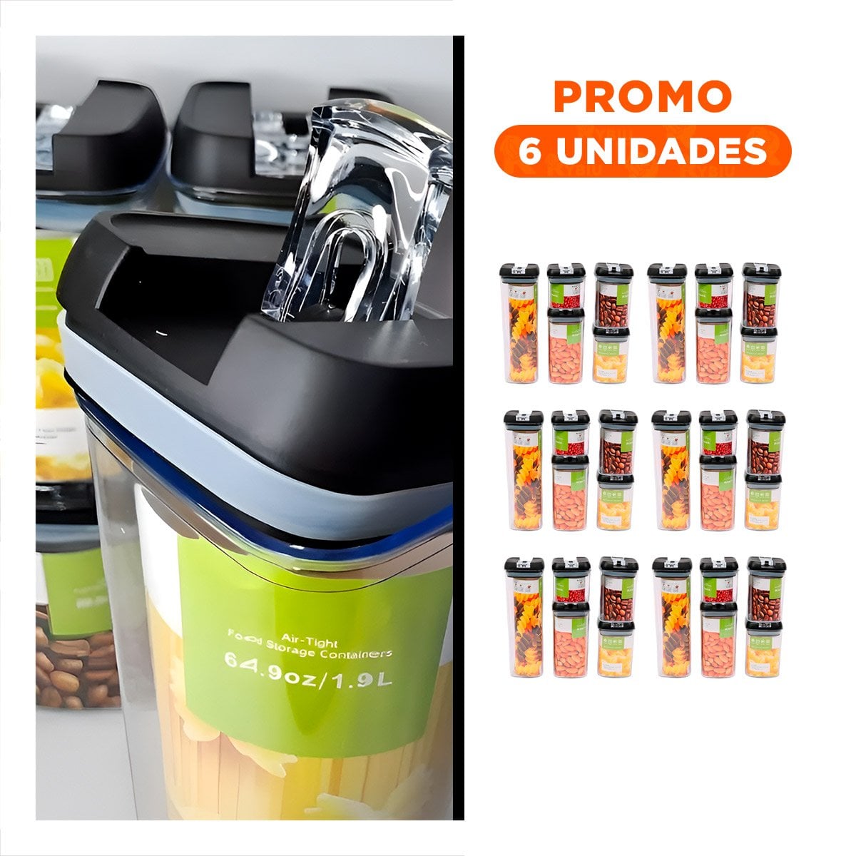 PACK6 CANISTERS DE ALIMENTOS CON TAPA PALANCA NEGRA TRANSPARENTE SET 5 Y+REGALO STICKER - 1