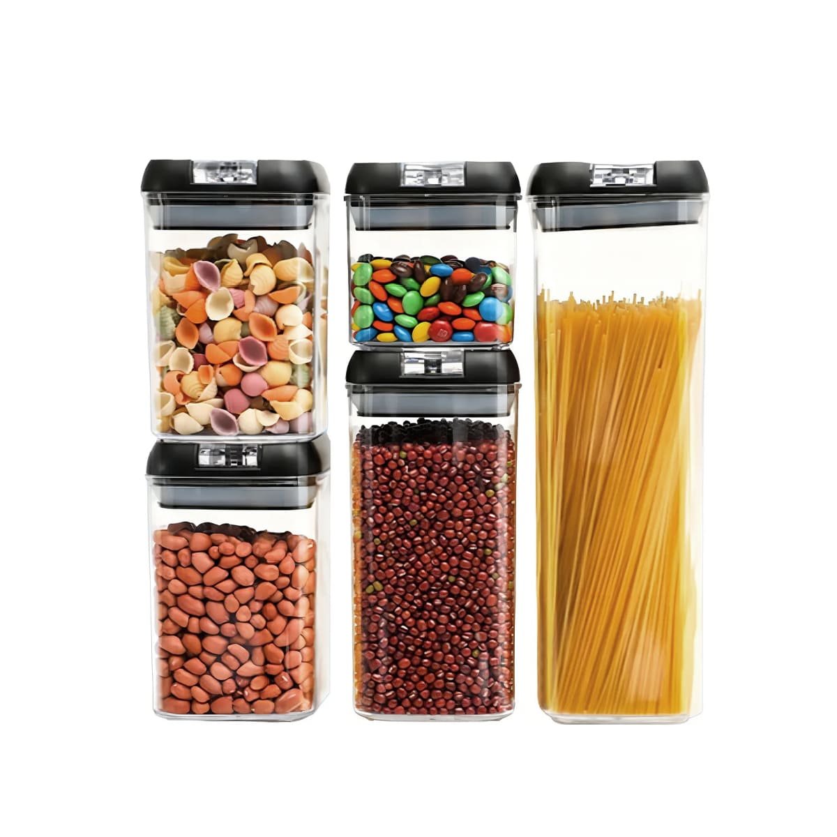 FRASCOS DE ALIMENTOS ACRILICOS CON TAPA PALANCA NEGRA TRANSPARENTE SET 5 Y+REGALO STICKER - 1