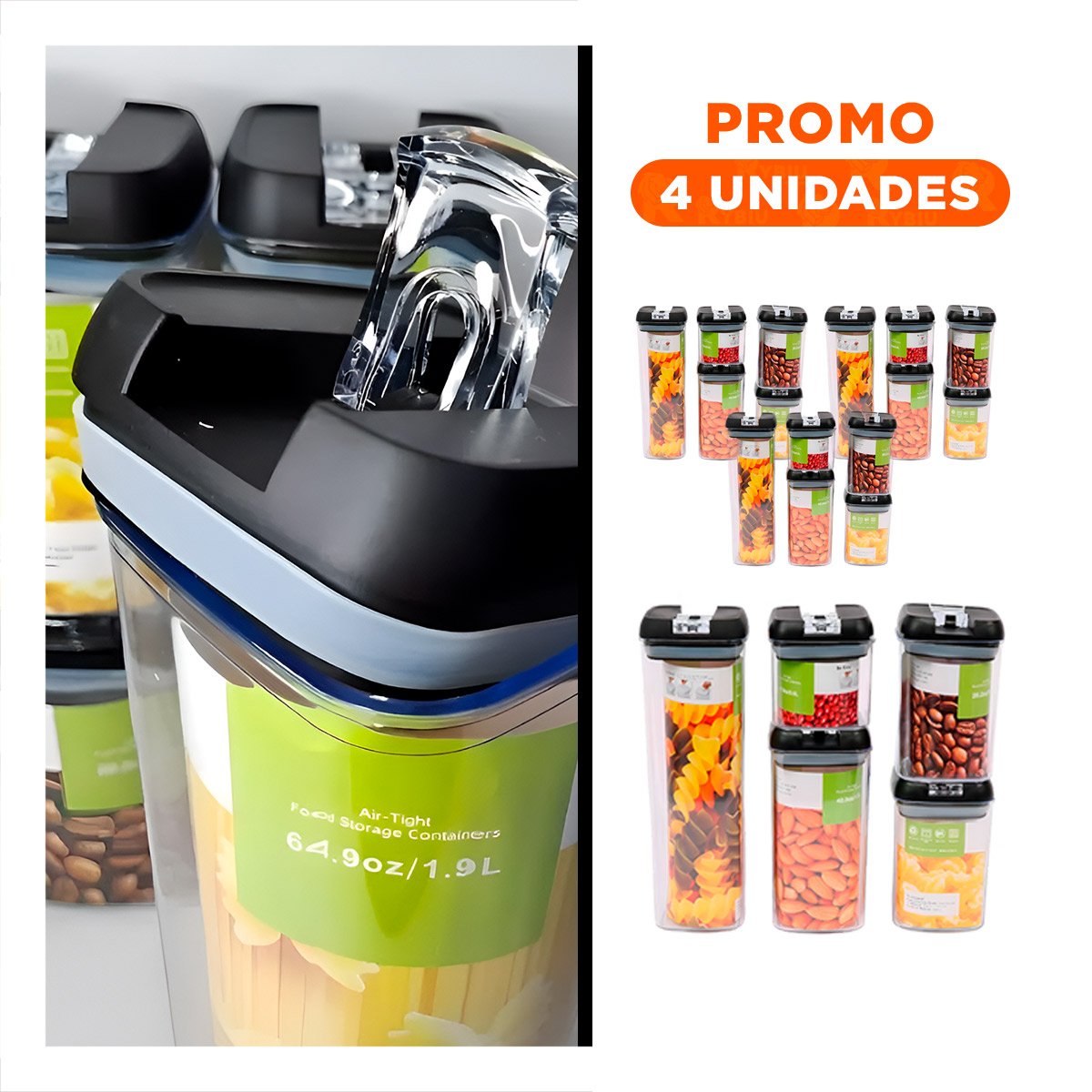 PACK4 TARROS DE COCINA ACRILICOS CON TAPA PALANCA NEGRA TRANSPARENTE SET 5 - 1