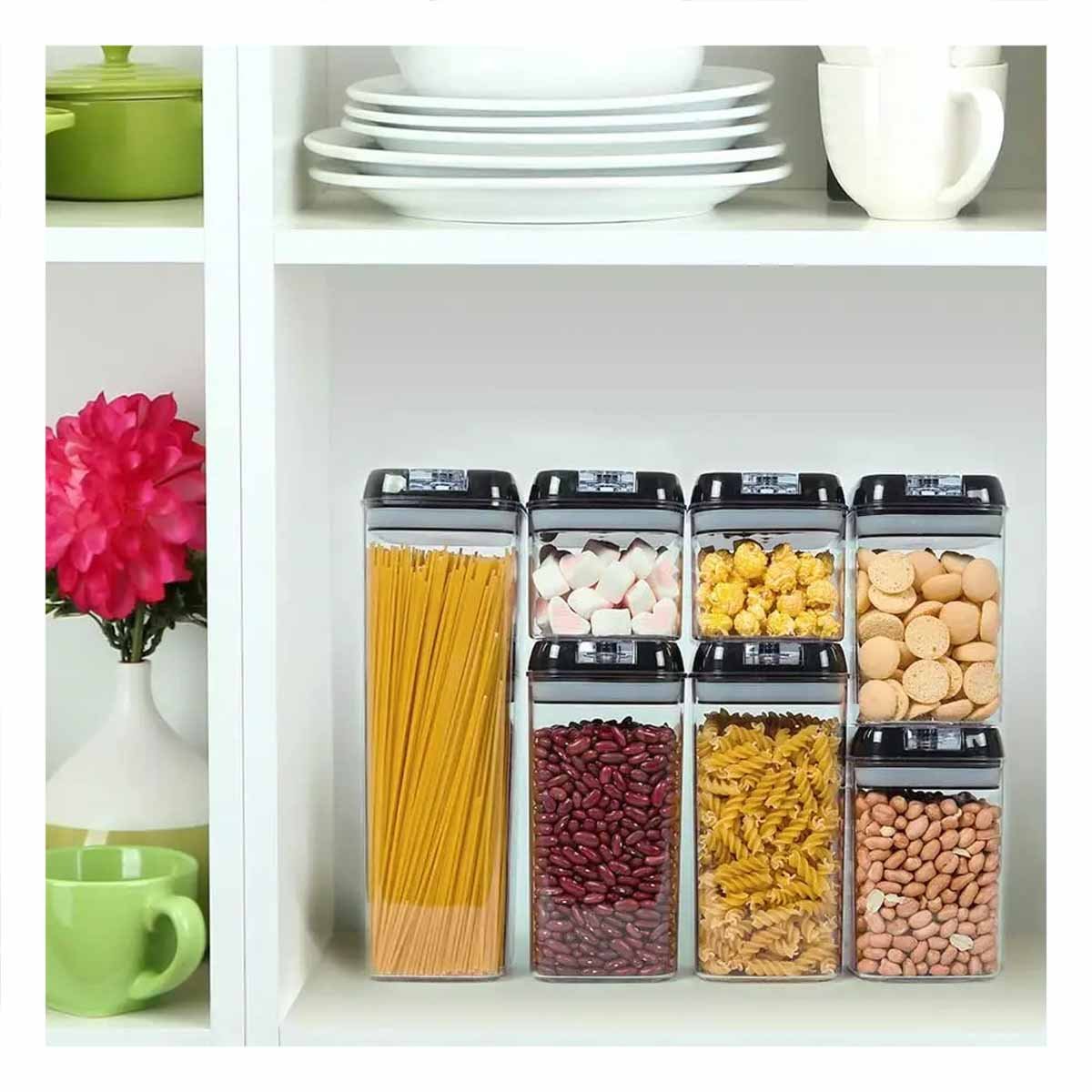 PACK2 ORGANIZADORES DE COCINA ACRILICOS CON TAPA PALANCA NEGRA SET 7 TRANSPARENTE - 3