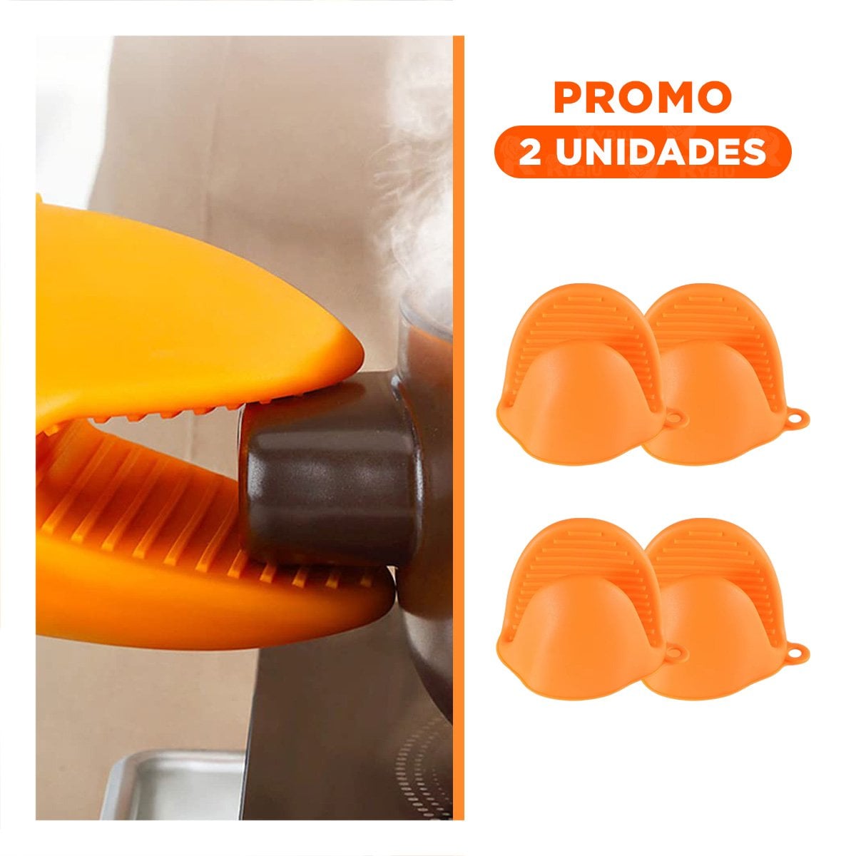 PACK2 MANOPLAS CUBIERTOS DE SILICONA NARANJA PARA PREPARAR ALIMENTOS 7,3X9,5CM Y+REGALO STICKER - 1