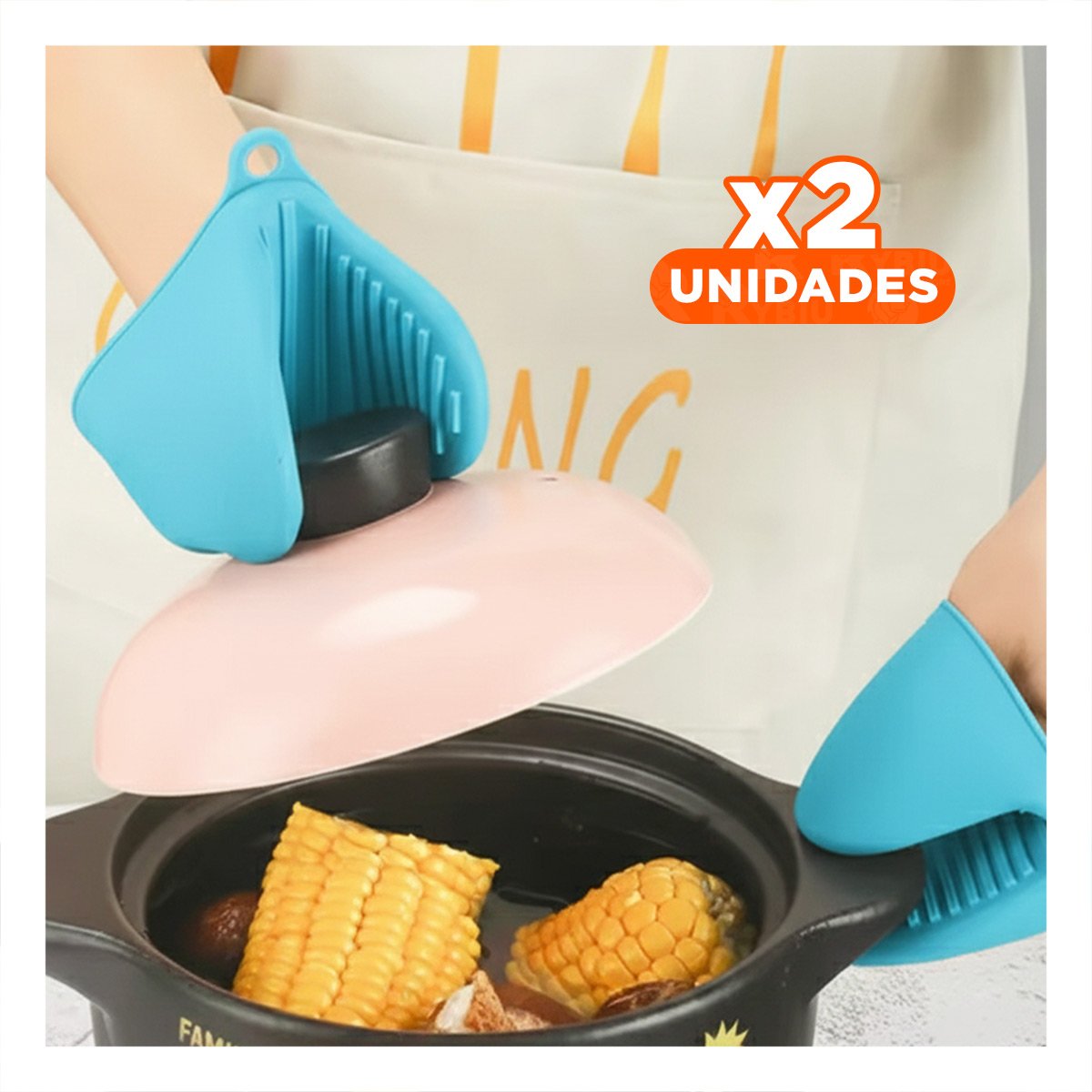 PACK2 MANOPLAS PROTECTORES DE SILICONA CELESTE PARA USO EN CASA 7,3X9,5CM Y+PAPEL REGALO - 1