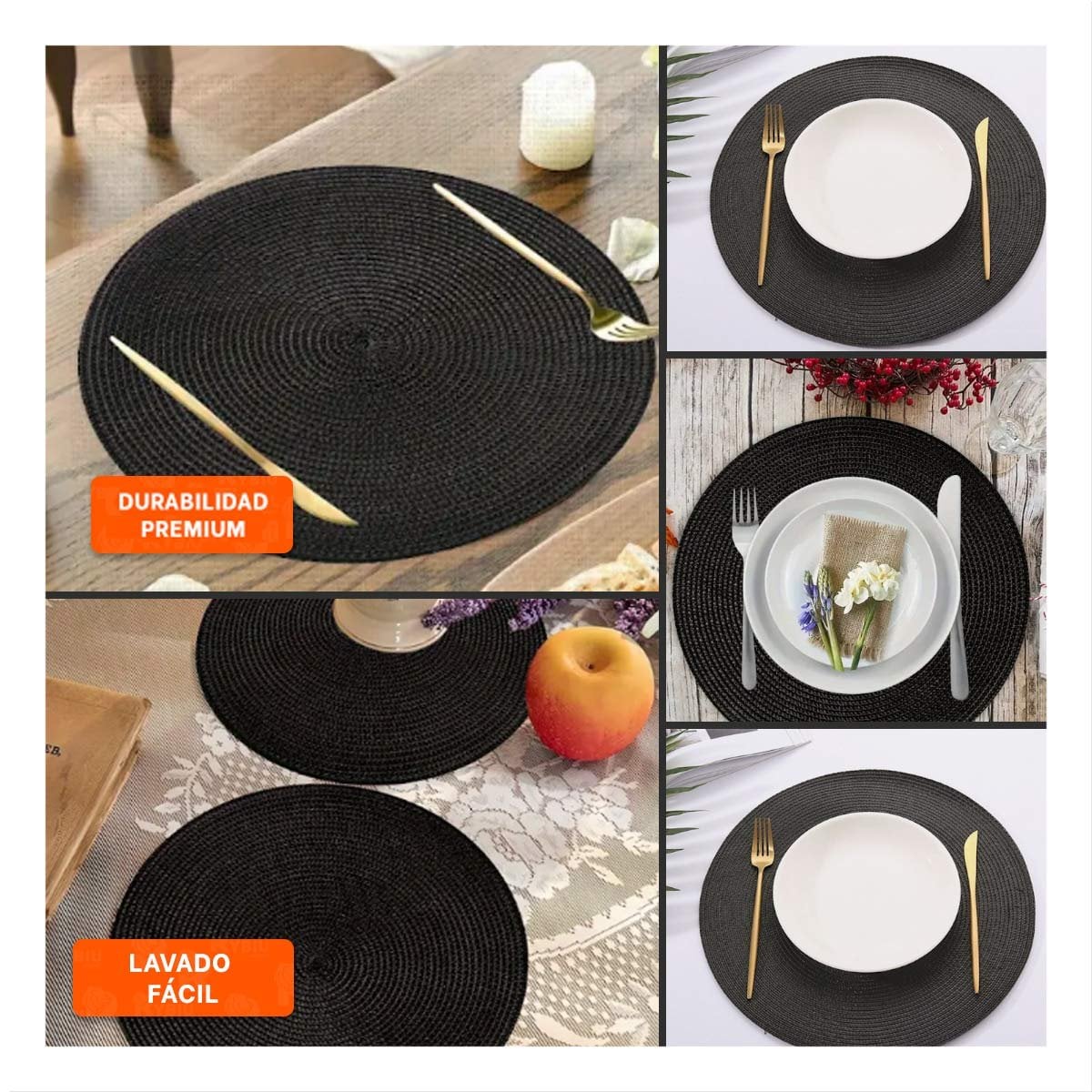 PACK2 TAPETE INDIVIDUAL CIRCULAR BOHO NEGRO PARA HOGAR Y+PAPEL REGALO - 3