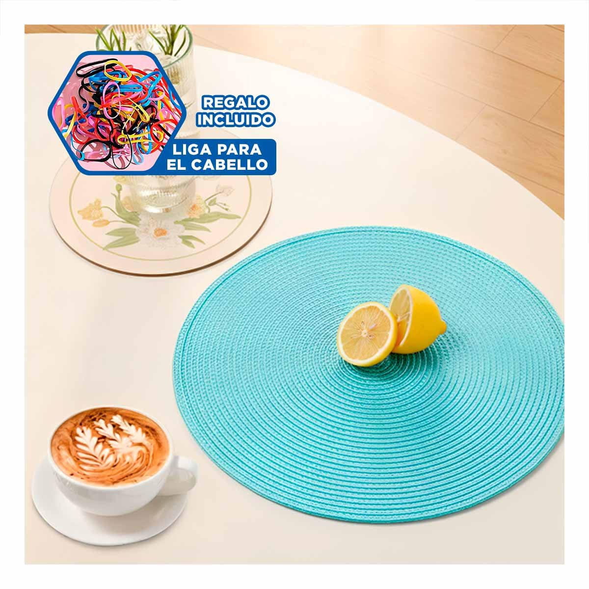 INDIVIDUAL TEXTIL CIRCULAR BOHO CELESTE CLARO PARA COMEDOR Y+LIGAS REGALO - 2