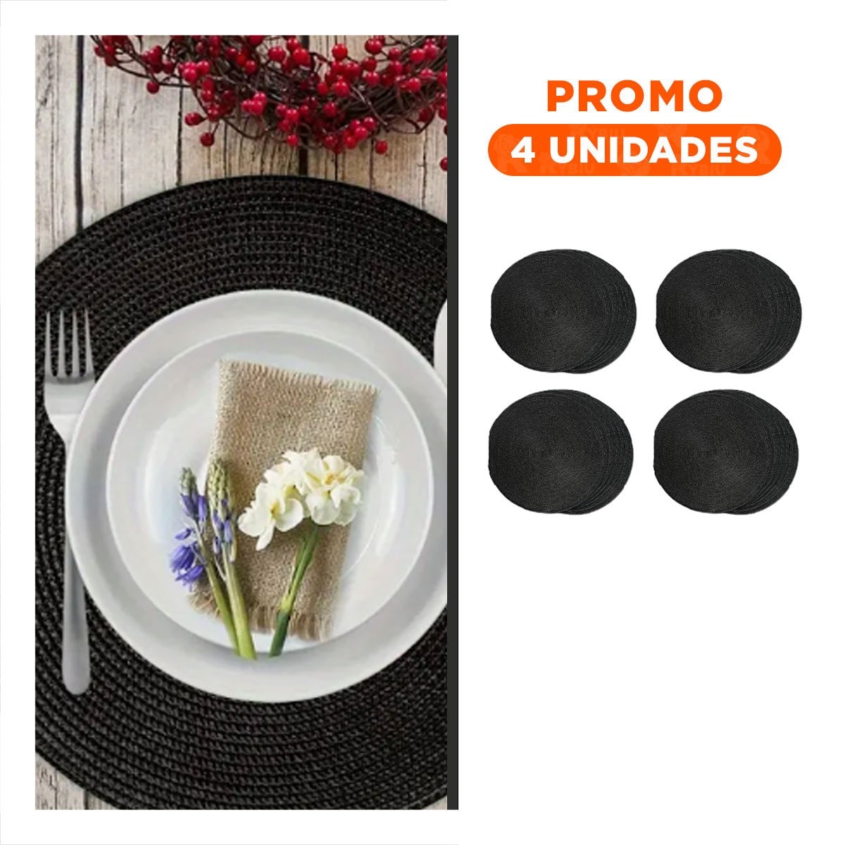 PACK4 TAPETE DE MESA CIRCULAR BOHO NEGRO PARA COMEDOR - 1