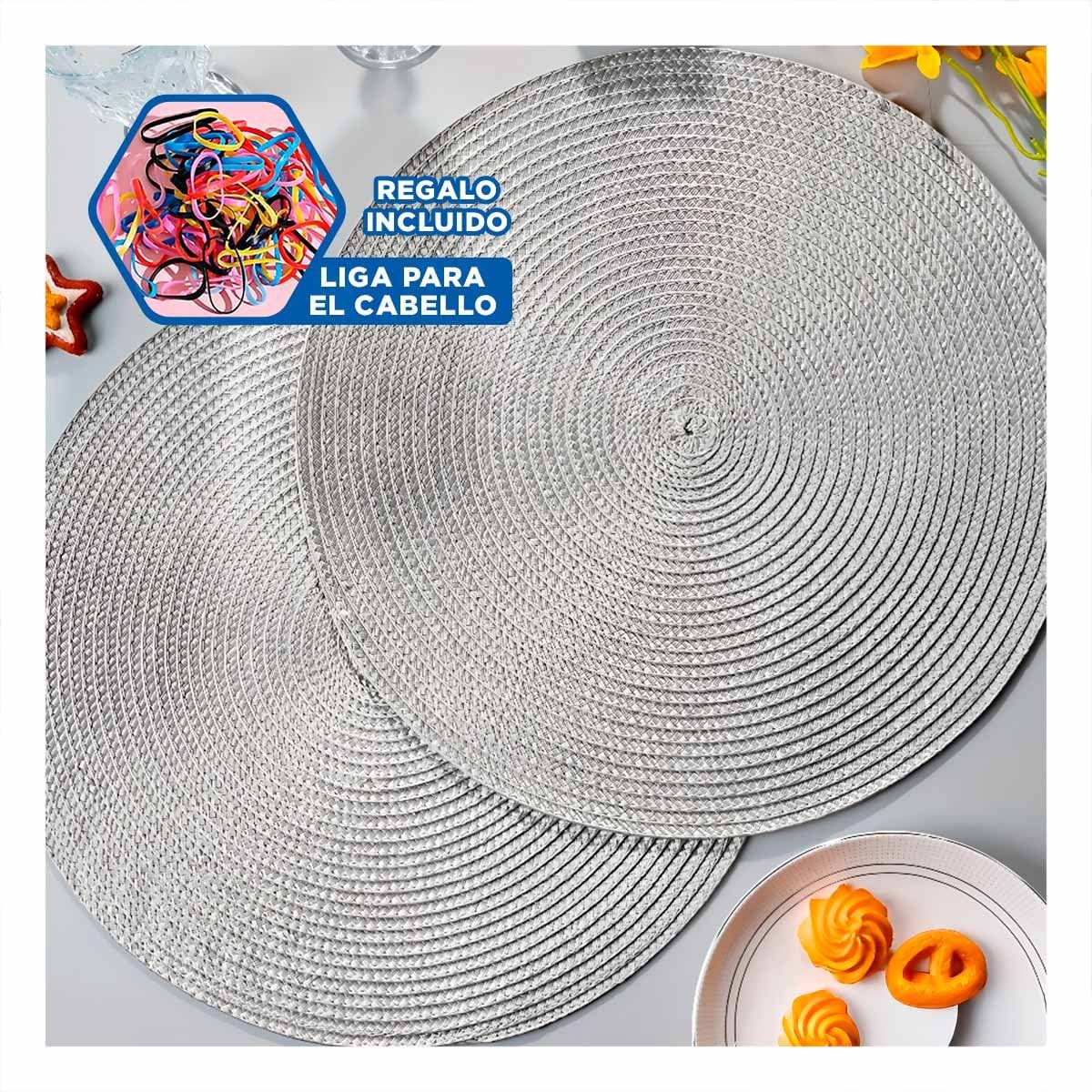 INDIVIDUAL TEXTIL CIRCULAR BOHO PLOMO PARA COMEDOR Y+LIGAS REGALO - 2