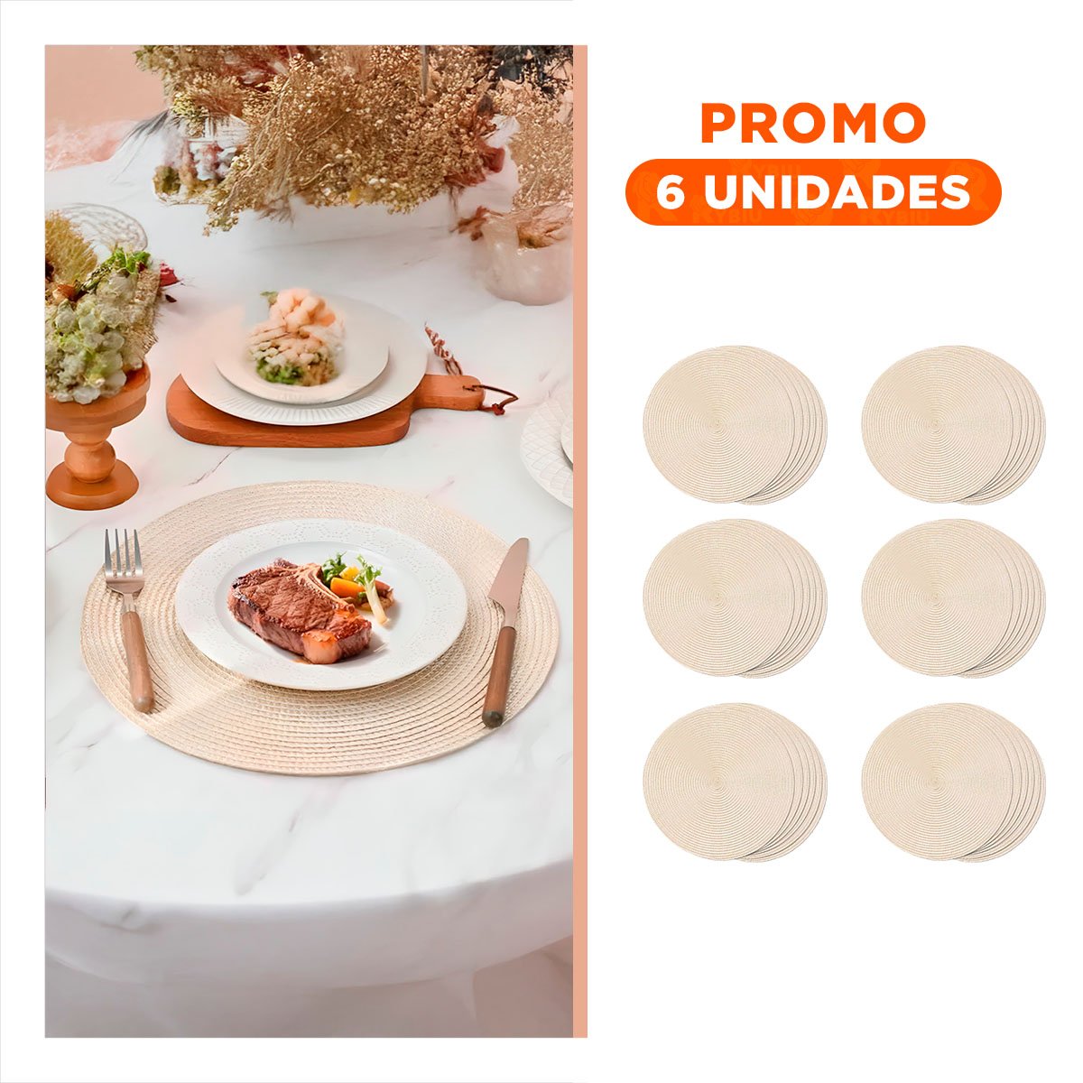 PACK6 TAPETE DE MESA CIRCULAR BOHO BEIGE PARA COMEDOR Y+REGALO STICKER - 1