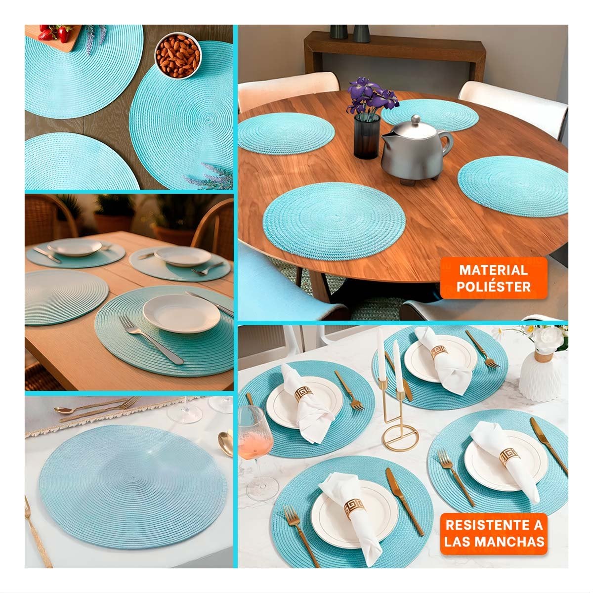 PACK4 TAPETE CIRCULAR BOHO CELESTE CLARO PARA DECORACION DE MESA Y+REGALO STICKER - 2