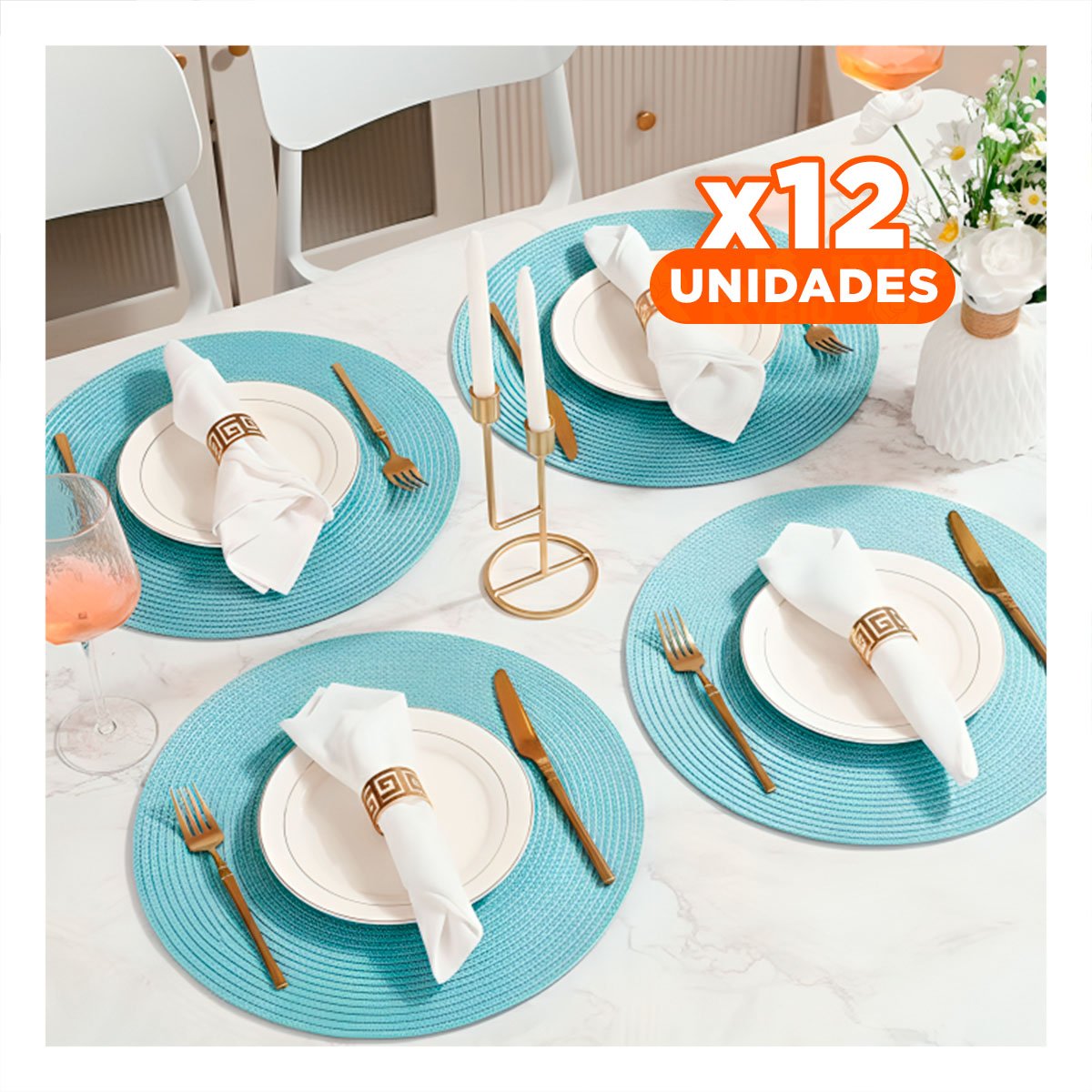 PACK12 BASE CIRCULAR BOHO CELESTE CLARO PARA MESA Y COMEDOR Y+PAPEL REGALO - 1