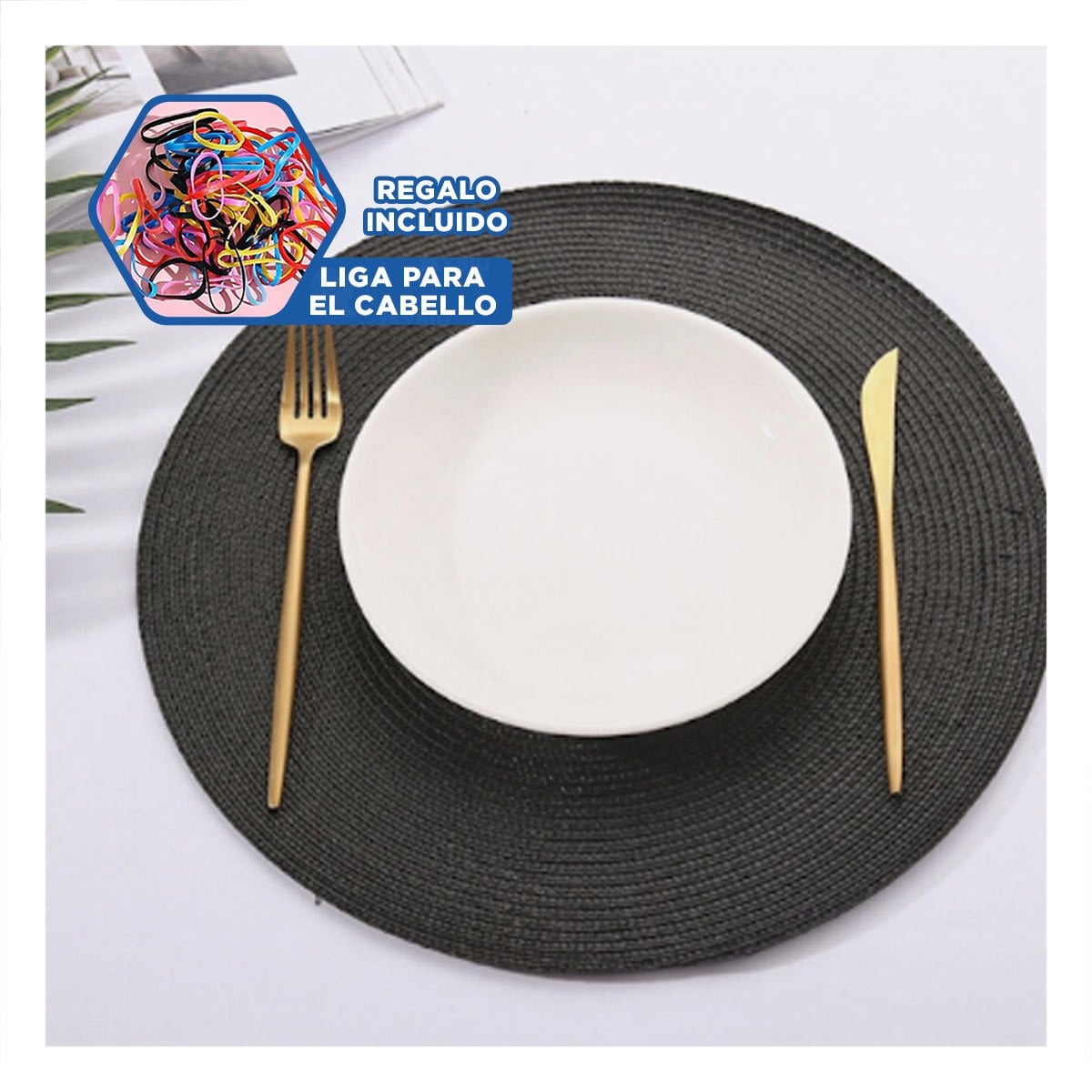 INDIVIDUAL TEXTIL CIRCULAR BOHO NEGRO PARA COMEDOR Y+LIGAS REGALO - 2