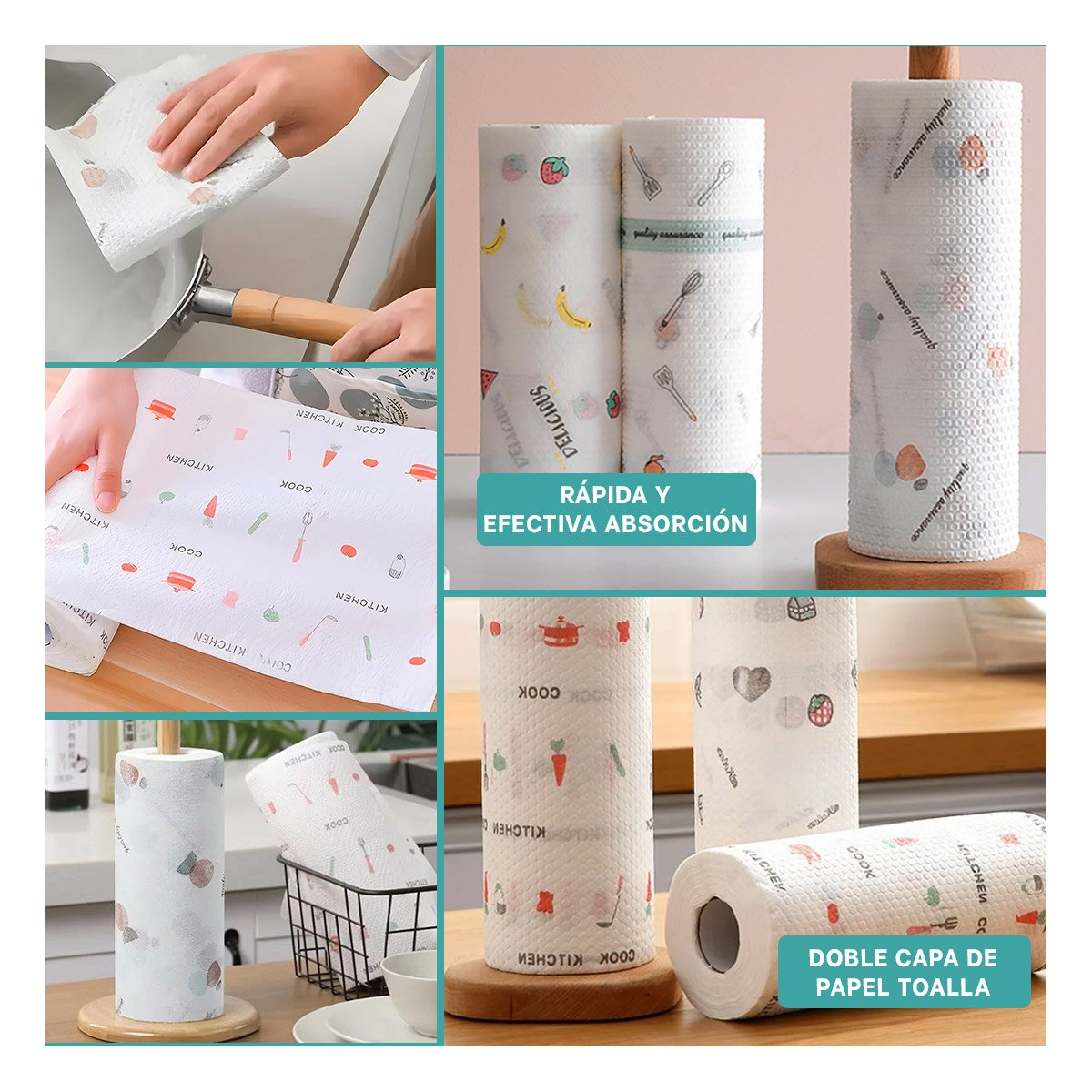 ROLLO ABSORVENTE DE PAPEL TOALLA COLOR BLANCO CON DIBUJOS DOBLE CAPA HOGAR Y+PAPEL REGALO - 3