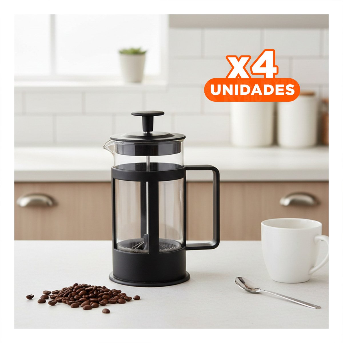 PACK4 MAQUINA DE CAFE PRENSA FRANCESA CON CRISTAL Y FILTRO NEGRO 600ML YREGALO STICKER - 1