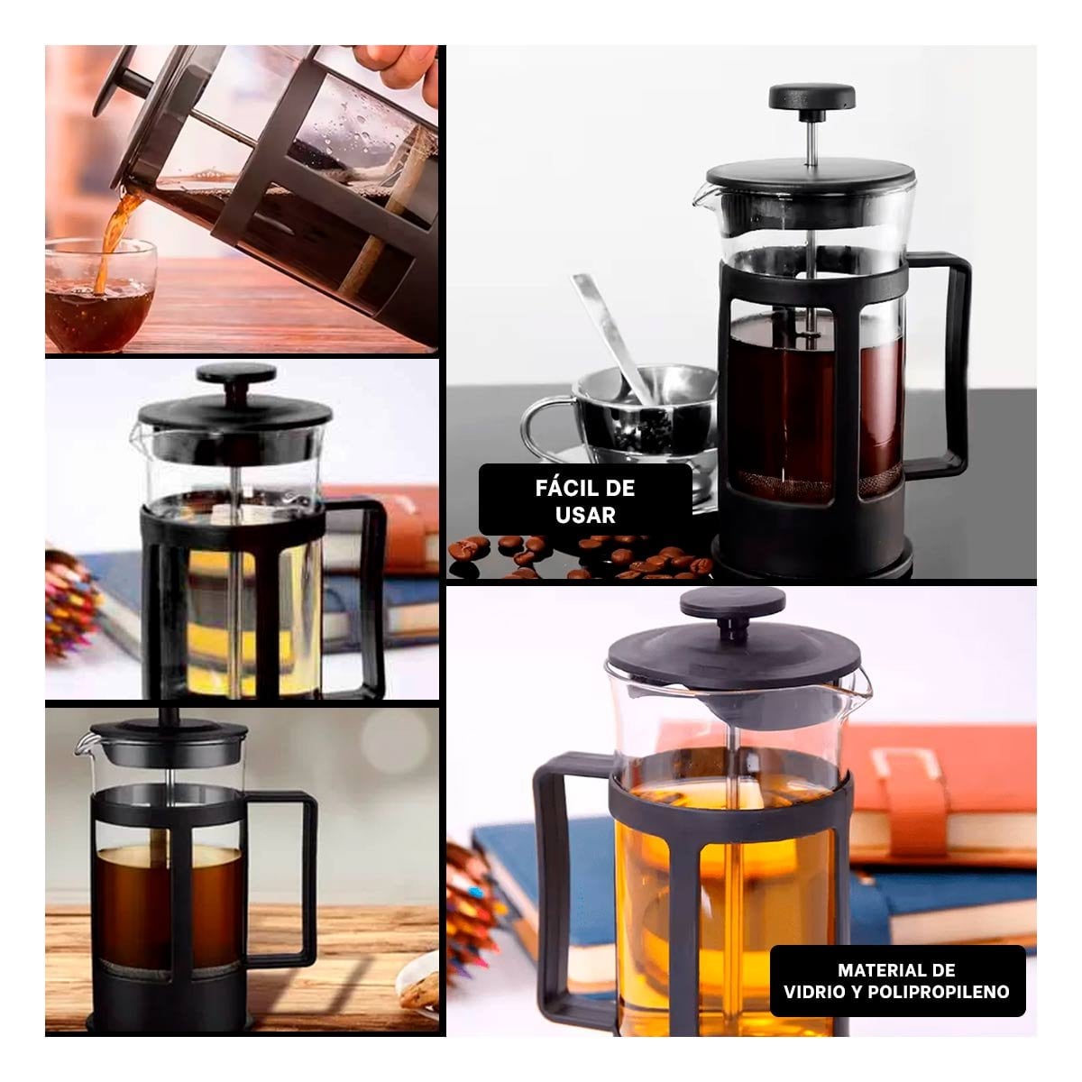 PACK4 MAQUINA DE CAFE PRENSA FRANCESA CON CRISTAL Y FILTRO NEGRO 600ML YREGALO STICKER - 2