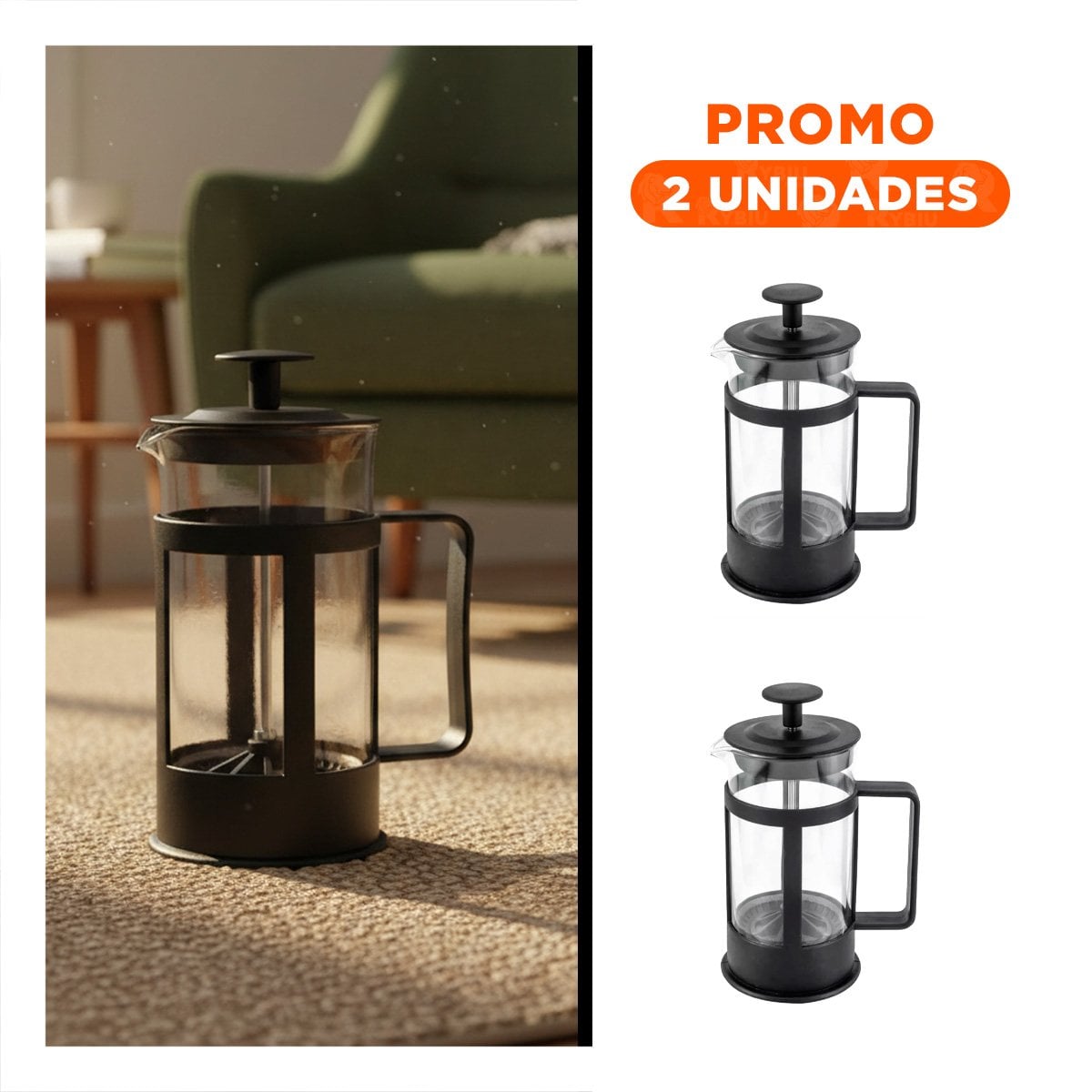 PACK2 MOLINO ELEGANTE PARA CAFE Y TE PRENSA FRANCESA CON CRISTAL NEGRO 600ML YREGALO STICKER - 1