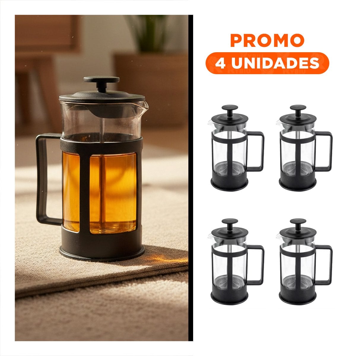 PACK4 MOLINO COMPACTO PRENSA FRANCESA CON TAPA PROTECTORA Y BASE NEGRO 600ML - 1