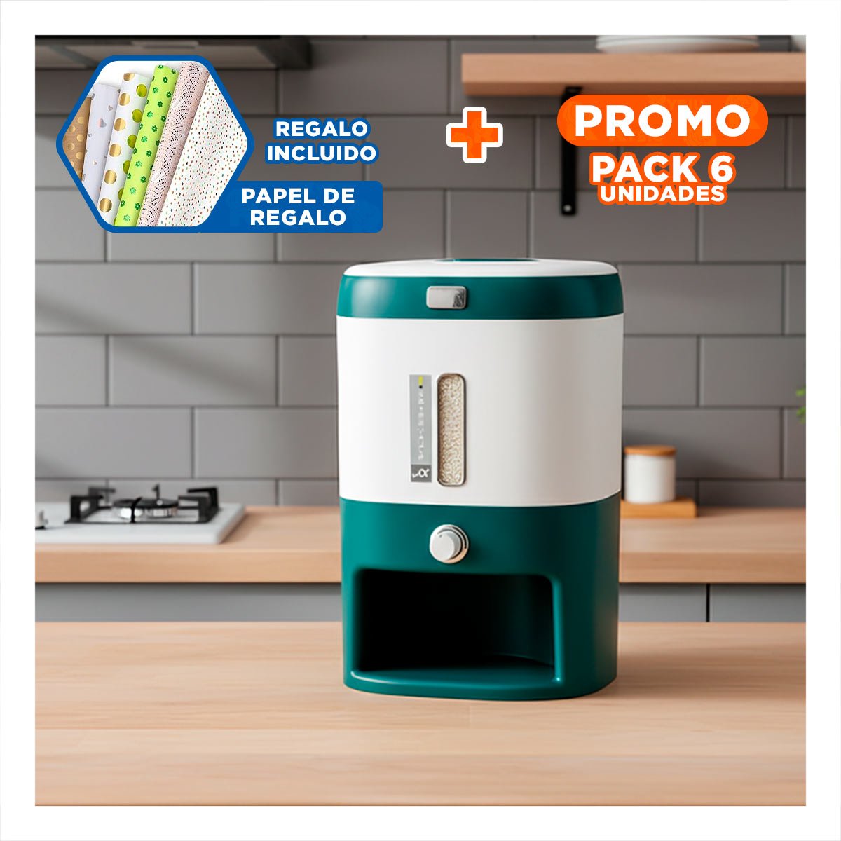 PACK6 DEPOSITO DOMESTICO VERDE DE COCINA PARA ARROZ Y CEREALES Y+PAPEL REGALO - 1
