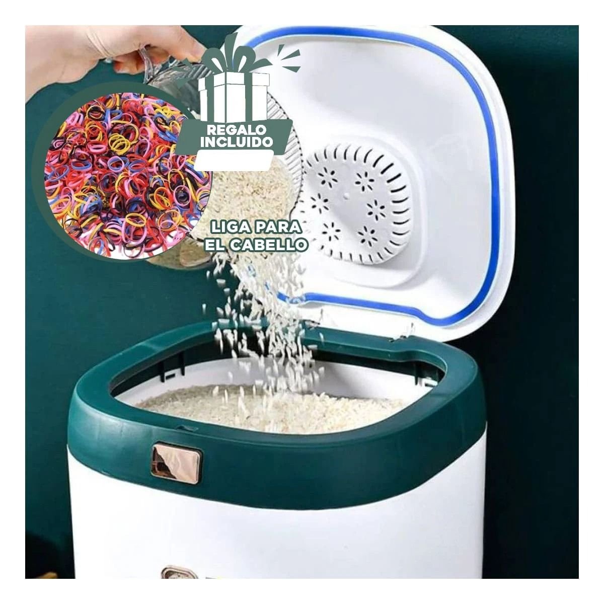 DISPENSADOR DE CEREALES Y ARROZ CON CUERPO VERDE CAPACIDAD 10KG Y+LIGAS REGALO - 2