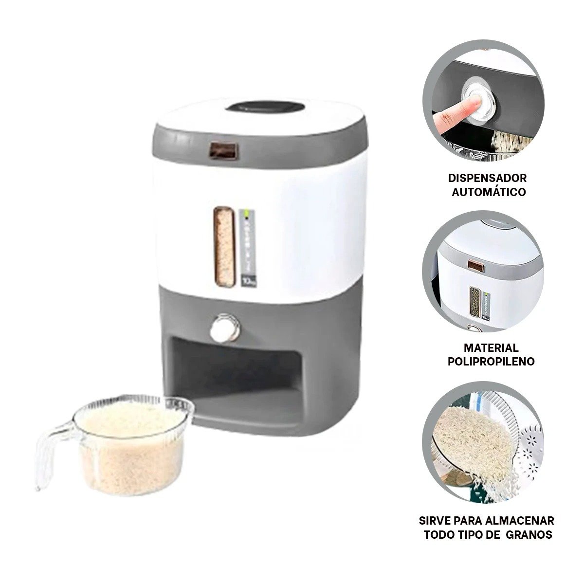 DISPENSADOR CON DEPOSITO PLOMO PARA ARROZ Y CEREALES 10KG USO DIARIO Y+PAPEL REGALO - 5