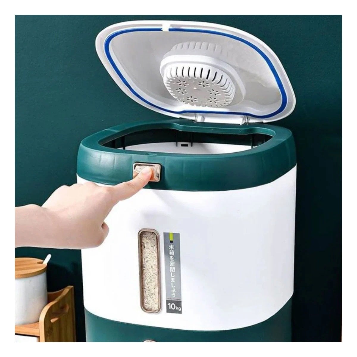 DISPENSADOR DE ARROZ VERDE Y CEREALES CON CAPACIDAD DE 10KG TAPA SEGURA - 1