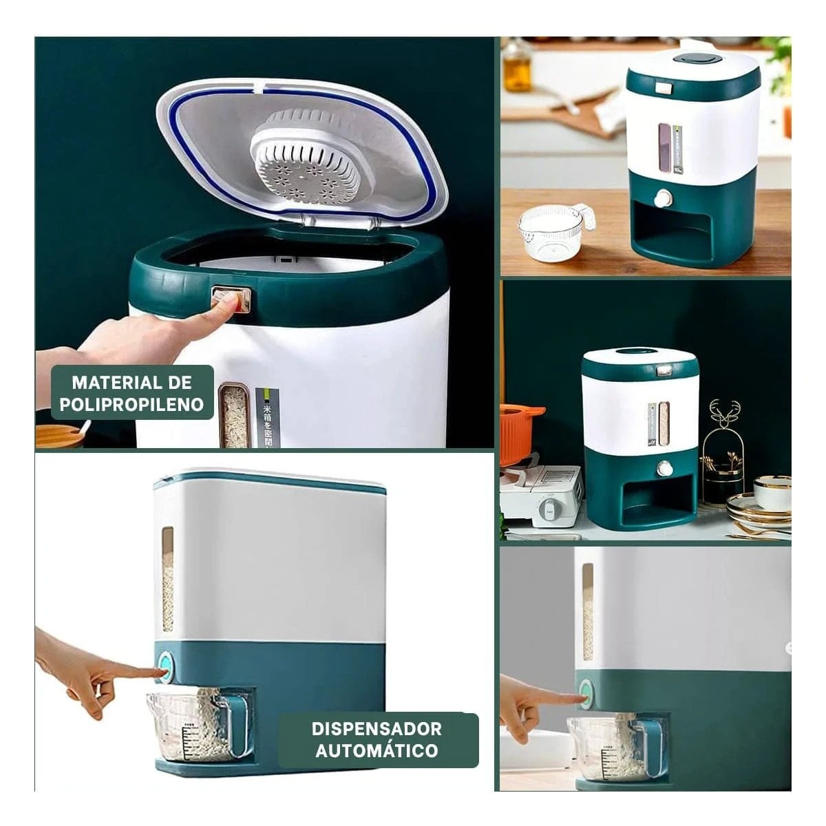 DISPENSADOR DE ARROZ VERDE Y CEREALES CON CAPACIDAD DE 10KG TAPA SEGURA - 2