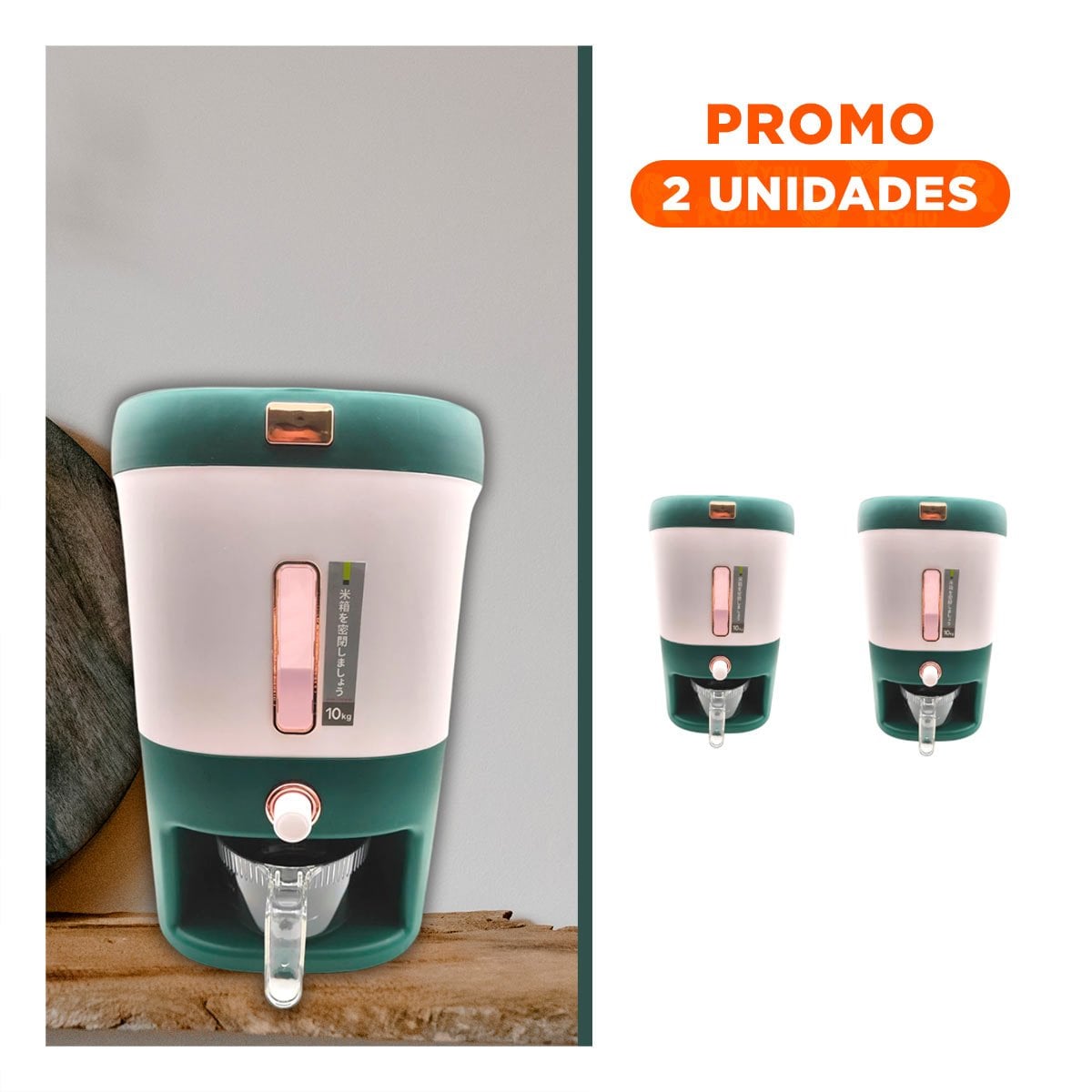 PACK2 CONTENEDOR MODERNO PARA ARROZ VERDE Y CEREALES 10KG FACIL LIMPIEZA Y+REGALO STICKER - 1